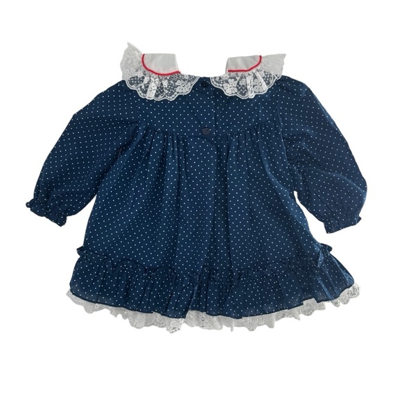 Vintage Hugs & Kisses Navy Blue Polka Dot Lace Rose Flowy Girls Formal Dress 3T - Picture 2 of 12